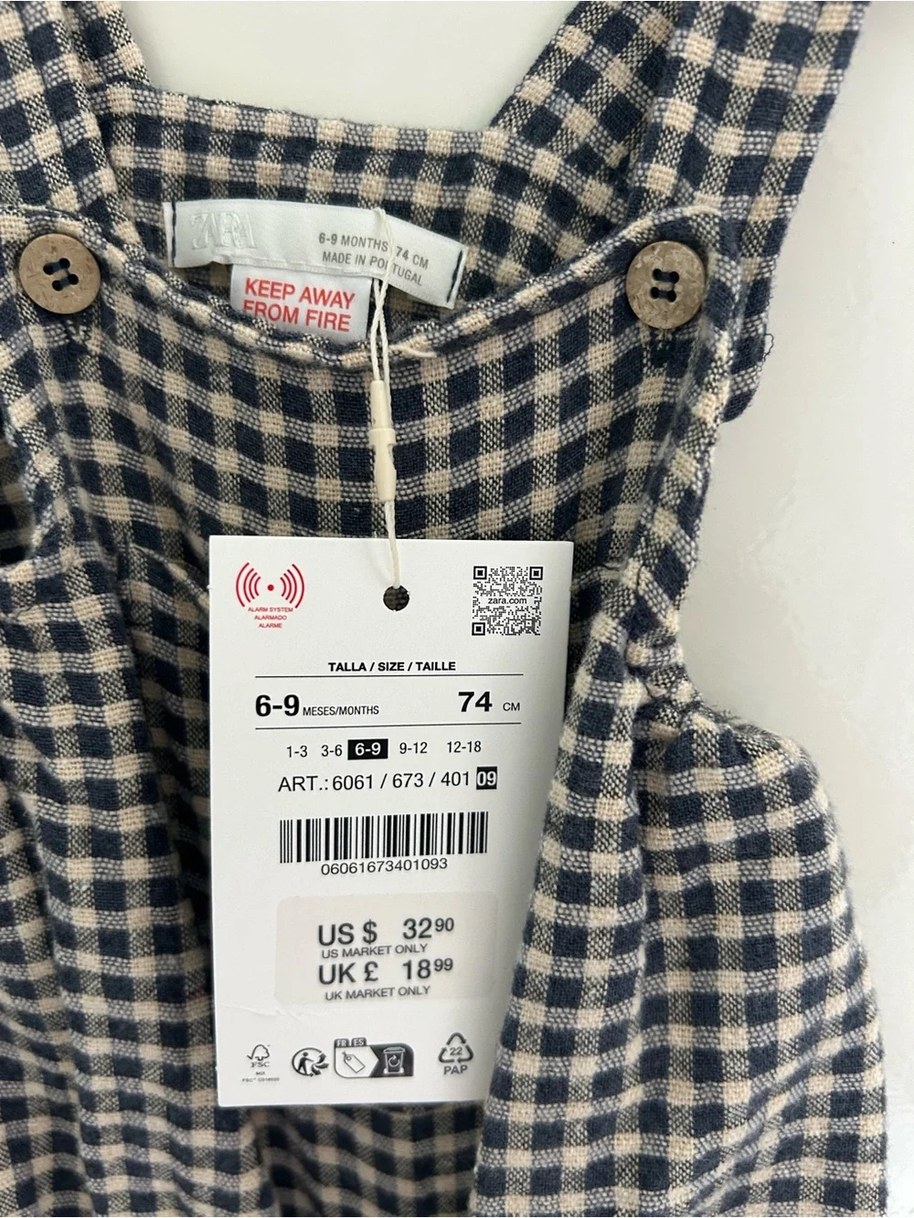Zara Navy and Cream Gingham Baby Romper